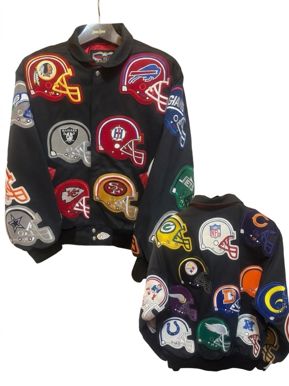 VTG Jeff Hamilton NFL All Team Helmet Patch Jacket Bomber Black Mens Large RARE